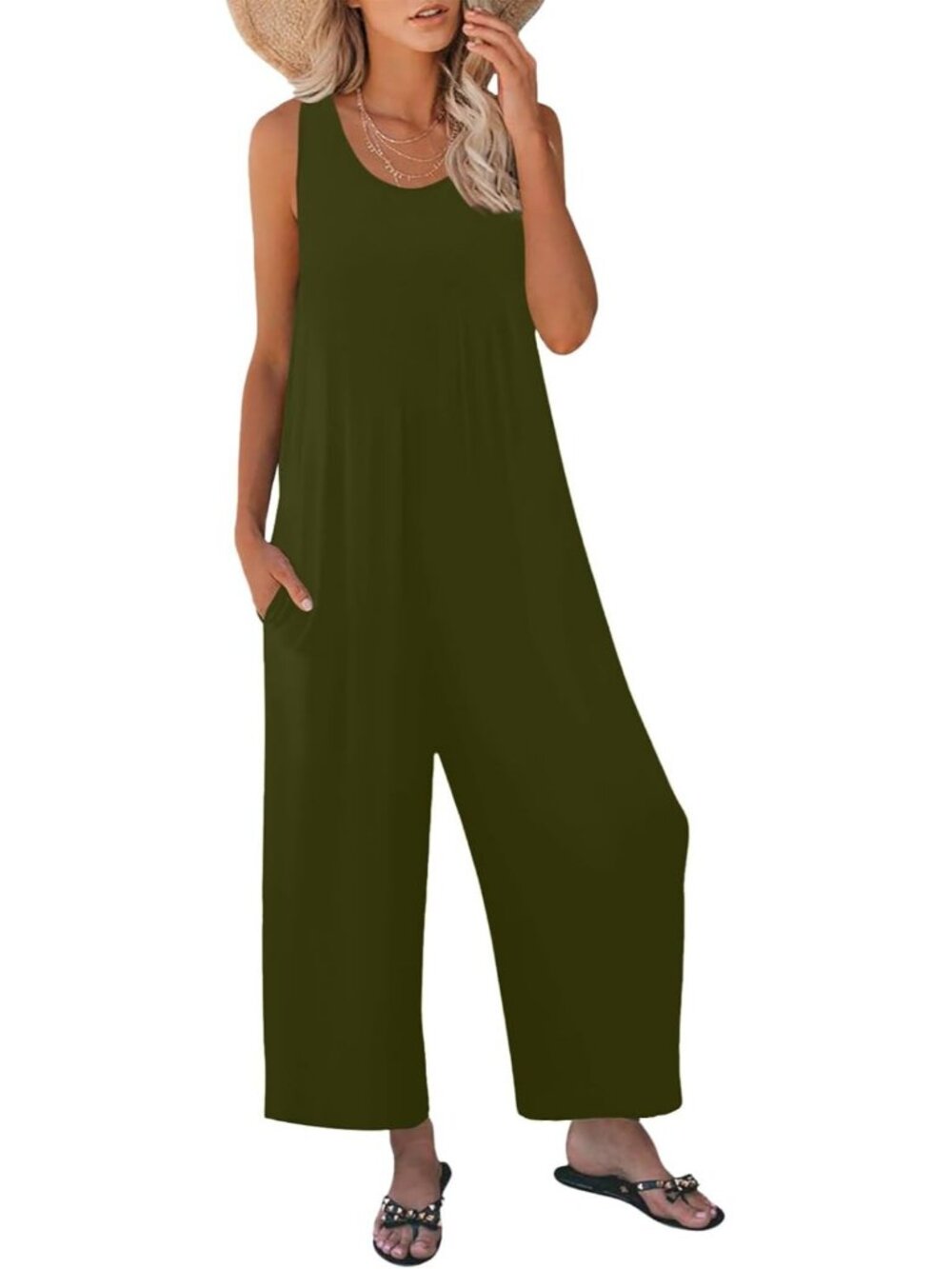 Women's Army Green Casual Loose Tank Sleeveless Crewneck Long Pant Romper